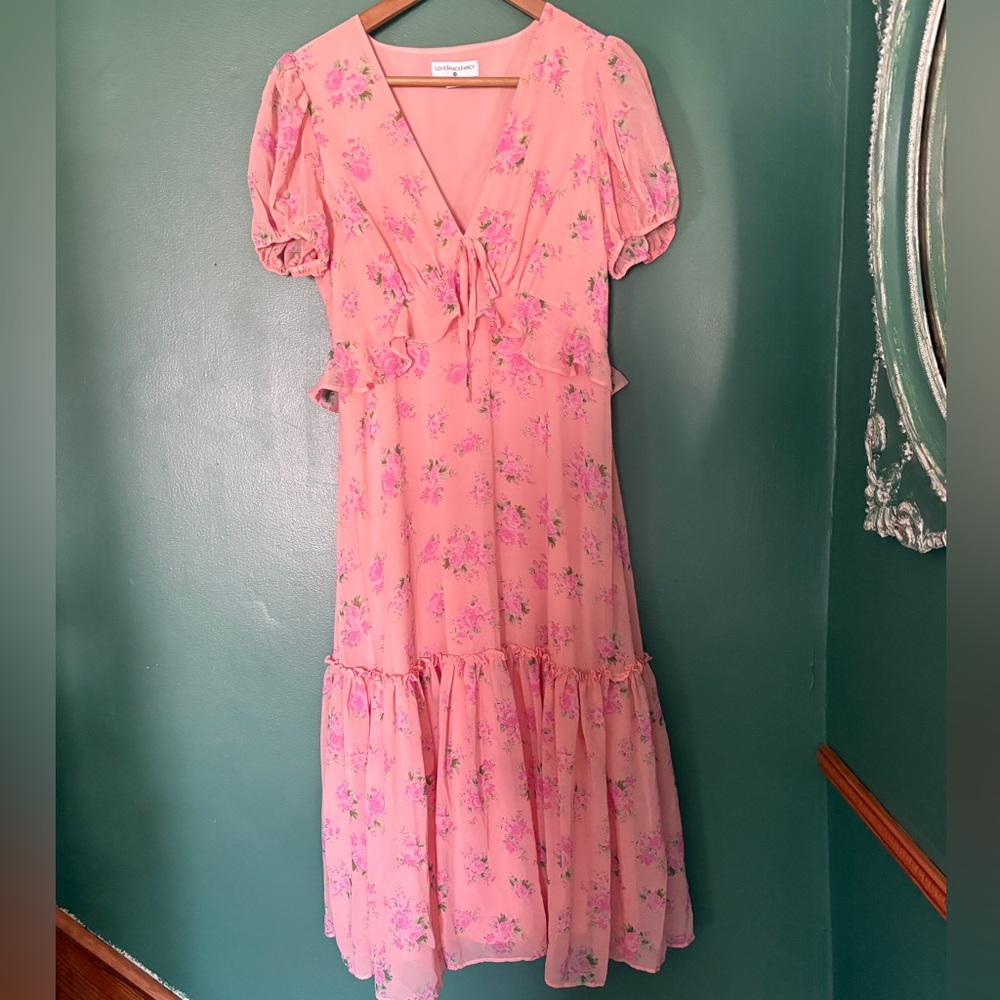 LoveShackFancy Pink Floral Midi Dress